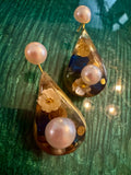 Blue Pearl with glass flower beads  Studs